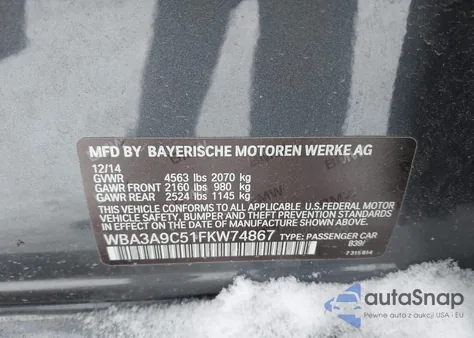 2015 BMW 335I z USA, uszkodzony, nr VIN WBA3A9C51FKW74867